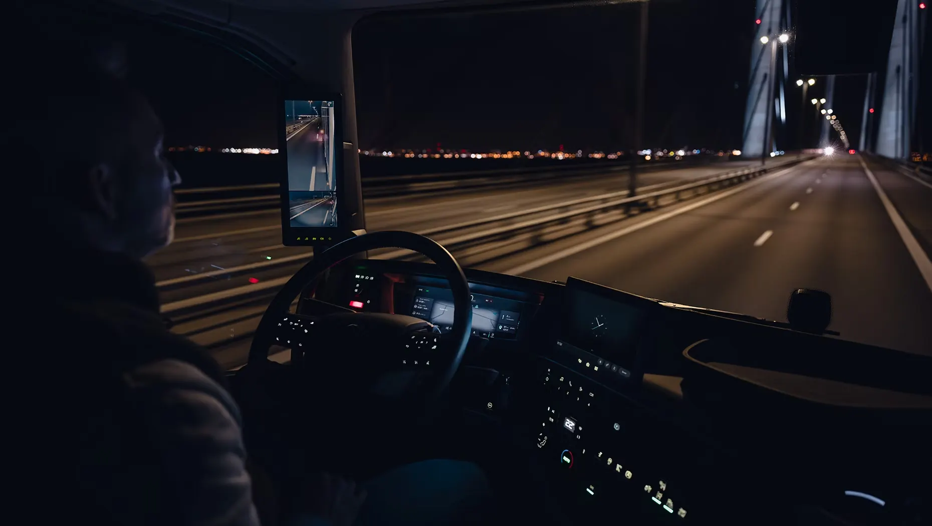 Cabine à noite vista por trás do motorista: painel iluminado, tela da câmera-espelho e a pista iluminada à frente.